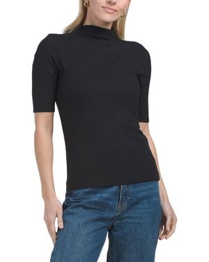 TJ Maxx Elbow Sleeve Ribbed Funnel Neck Top For Spandex/Viscose/Rayon - Black