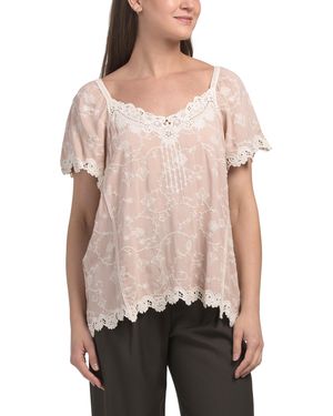 TJ Maxx Crochet Flutter Sleeve Top With Lace Trim For Cotton/Rayon - Natural