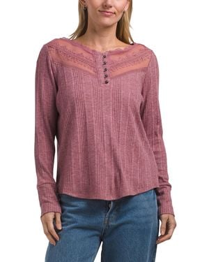 TJ Maxx Long Sleeve V-Neck Top With Lace Trim Yoke For Nylon/Polyester/Rayon - Red