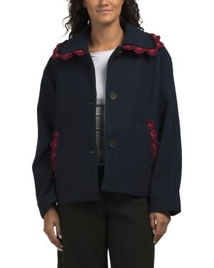 TJ Maxx Faux Wool Cropped Jacket With Contrast Crotchet Trim, Polyester/Wool - Blue