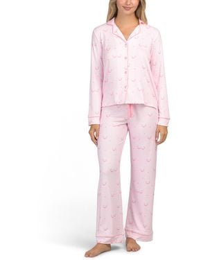 TJ Maxx 2Pc Happy Hour Long Sleeve Notch Collar Top And Pants Pajama Set For Polyester - Pink