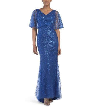 TJ Maxx Flutter Sleeve Sequin Gown For Polyester - Blue