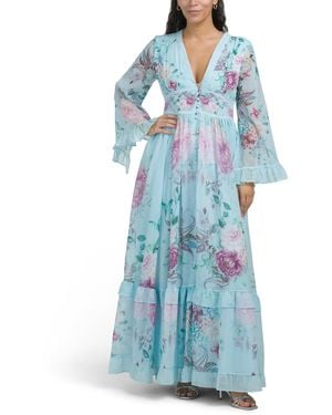 TJ Maxx Bell Sleeve Floral Maxi Dress For Spandex/Polyester - Blue