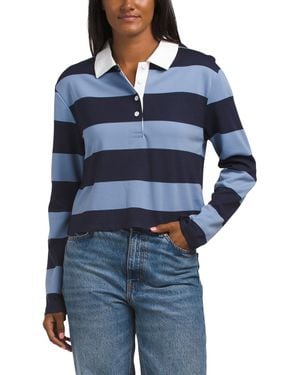 TJ Maxx Long Sleeve Cropped Rugby Striped Polo With Contrast Collar For Spandex/Polyester/Rayon - Blue