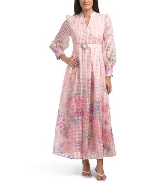 TJ Maxx Long Sleeve Floral Maxi Dress With Belt For Spandex/Polyester - Pink