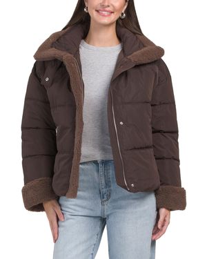 TJ Maxx Montana High Neck Faux Fur Trim Puffer, Polyester - Brown
