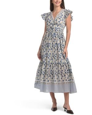 TJ Maxx Flutter Sleeve Striped Block Printed Floral Maxi Dress For Cotton - White