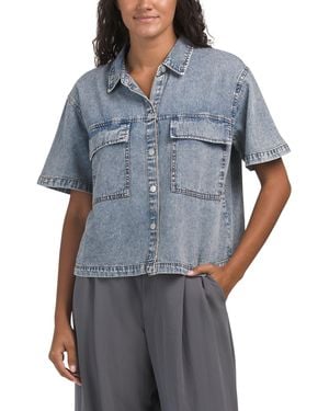 TJ Maxx Akilia Denim Acid Wash Two Pocket Button Front Shirt For Cotton - Blue