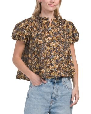 TJ Maxx Organic Cotton Floral Printed Puffed Short Sleeve Woven Blouse For - Brown