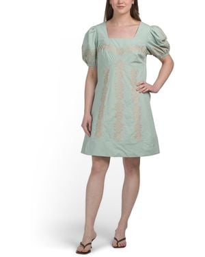 TJ Maxx Cotton Blend Puff Sleeve Needlepoint Embroidered Floral Mini Dress For - Green