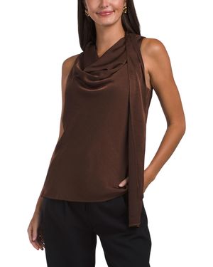 TJ Maxx Textured Satin Drape Neck Scarf Blouse For Polyester - Brown