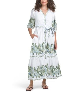 TJ Maxx Three-Quarter Sleeve Tropical Border Print Shirt Dress For Cotton/Linen/Rayon - Green