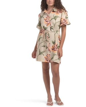 TJ Maxx Puff Sleeve Floral Tie Waist Shirt Mini Dress For Cotton/Linen/Rayon - Natural