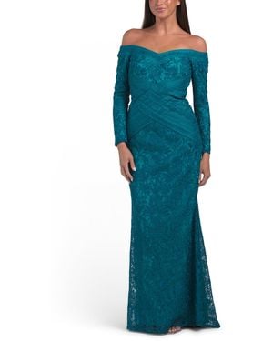TJ Maxx Brocade Shoulder Lace Gown For Nylon/Polyester - Blue