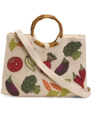 TJ Maxx Cotton Canvas Hand Beaded Handle Tote With Strap For Cotton - Natural