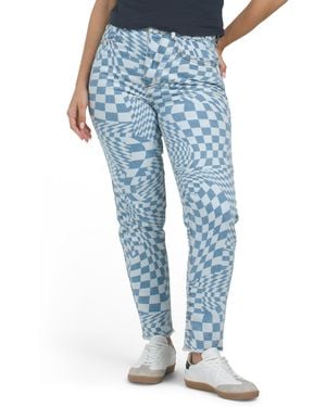 TJ Maxx Frayed Hem Mom Jeans With Check Swirl Pattern For Spandex/Cotton - Blue