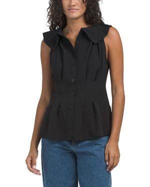 TJ Maxx Frilled Peterpan Collar Sleeveless Button Down Top For Polyester - Black