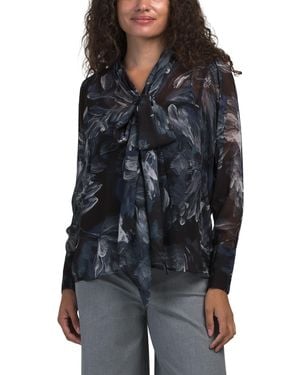 TJ Maxx Long Sleeve Button Down Neck Tie Blouse For Polyester - Blue