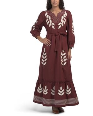 TJ Maxx Three-Quarter Sleeve Maxi Dress With Embroidery For Cotton - Purple