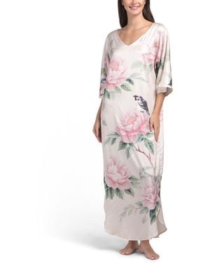 TJ Maxx Rose Print Satin Caftan For Spandex/Polyester - White