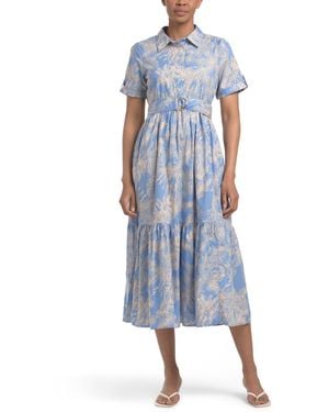 TJ Maxx Belted Printed Shirt Dress For Cotton - Blue