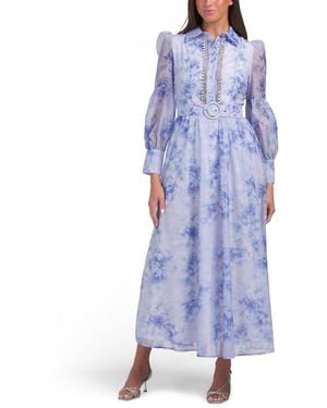 TJ Maxx Long Sleeve Floral Dress With Belt For Spandex/Polyester - Blue