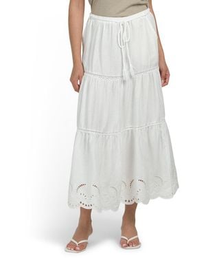 TJ Maxx Linen Blend Crochet Lace Detail Tiered Maxi Skirt With Rope Belt For Linen/Rayon - White