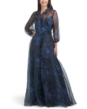 TJ Maxx Long Sleeve Organza Floral Shirt Gown For Polyester - Blue