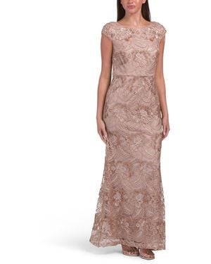 TJ Maxx Long Embroidered Gown With Cap Sleeves And Sequin Detail For Polyester - Metallic