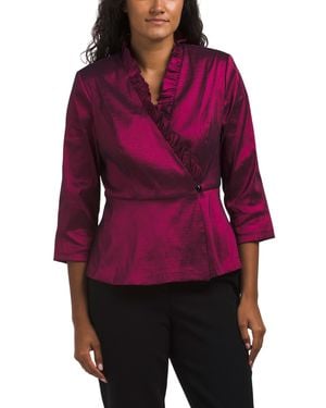 TJ Maxx Three-Quarter Sleeve Stretch Taffeta Blouse With Ruffle Neck For Nylon/Spandex/Polyester - Red