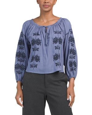 TJ Maxx Linen Blend Embroidered Long Sleeve Blouse For Linen/Rayon - Blue