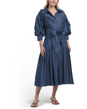 TJ Maxx Long Sleeve 3D Floral Denim Midi Dress For Cotton - Blue