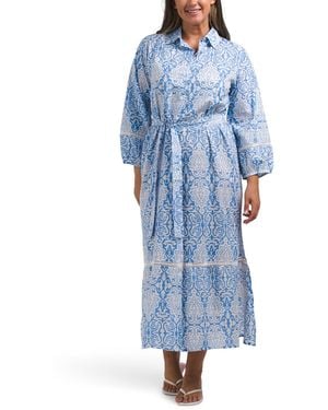 TJ Maxx Fance Long Sleeve Cover-Up Shirt Dress For Cotton - Blue