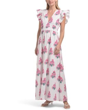TJ Maxx Flutter Sleeve Floral Block Print Maxi Dress For Cotton - Pink