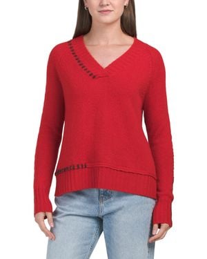 TJ Maxx Cashmere V-Neck Sweater With Contrast Lacing Detail - Red