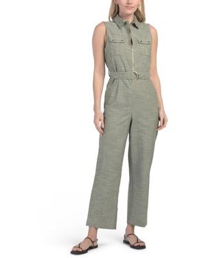 TJ Maxx Linen Look Collared Jumpsuit With Belt For Spandex/Cotton/Polyester - Green