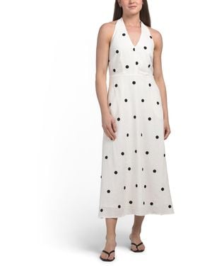 TJ Maxx Linen Blend Embroidered Dot Halter Maxi Dress For Polyester/Linen/Viscose - White