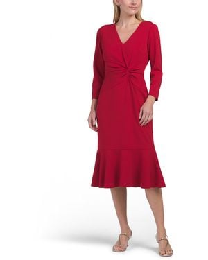 TJ Maxx V-Neck Twist Midi Dress With Flounce Three-Quarter Sleeve For Spandex/Polyester - Red