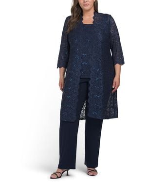TJ Maxx Plus 3Pc Scalloped Lace Duster Tank And Pants Set For Nylon/Polyester - Blue
