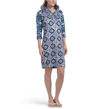 TJ Maxx Three-Quarter Sleeve Geometric Print Ruffle Collar Mini Dress For Spandex/Cotton - Blue