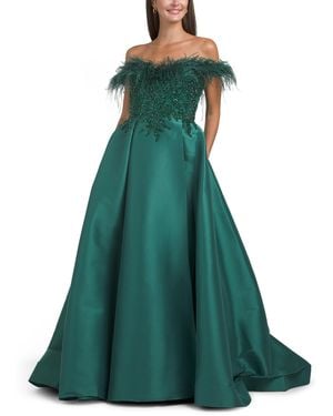 TJ Maxx Off The Shoulder Mikado Ball Gown With Feather Trim For Polyester - Green