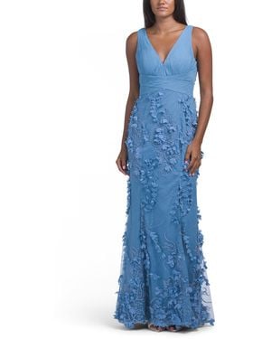 TJ Maxx Sleveless V-Neck Mermaid 3D Floral Gown For Polyester - Blue