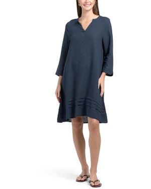 TJ Maxx Linen Blend Long Sleeve Mini Dress With Pintuck Pleats For Cotton/Linen - Blue