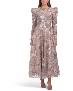 TJ Maxx Puff Sleeve Embellished Tea-Length Gown For Polyester - Brown