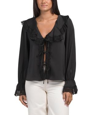 TJ Maxx Lace Placket Tie Detail Long Sleeve Top For Polyester - Black