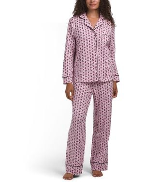 TJ Maxx 2Pc Floral Long Sleeve Notch Collar Pajama Set For Spandex/Polyester - Red
