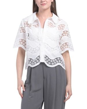 TJ Maxx Eyelet Short Sleeve Button Up Top For Cotton/Polyester - Gray