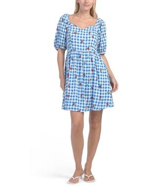TJ Maxx Dorothy Rosebud Gingham Puff Sleeve Mini Dress For Spandex/Rayon - Blue