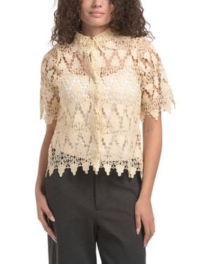 TJ Maxx Short Sleeve Lace Top With Point Collar, Polyester - Black