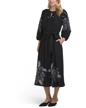 TJ Maxx Three Quarter Sleeve Embroidered Midi Dress For Cotton/Linen/Rayon - Black